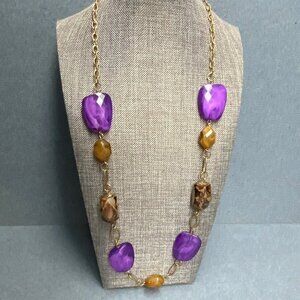 Faceted Bead Statement Necklace 28 In Purple Gold Chain Brown Marbled Chunky 90s